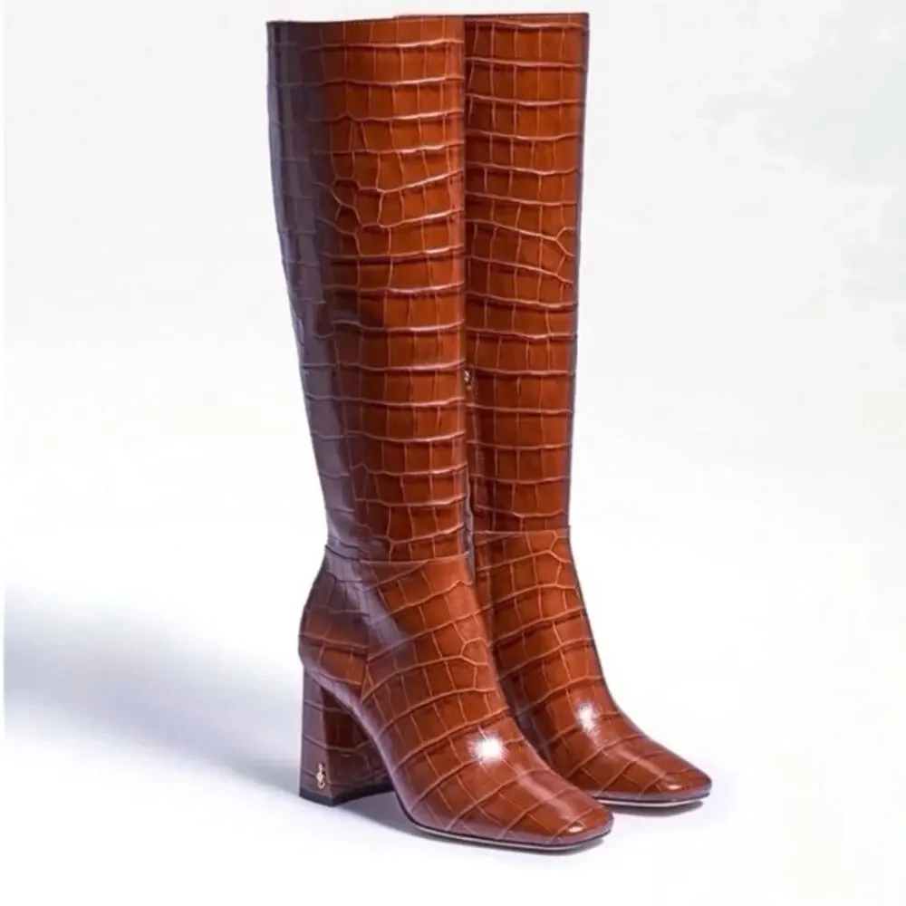 NEW SAM EDELMAN Clarem Leather Croc Embossed High Block Heeled Tall Boots SZ 6.5 - Picture 2 of 13